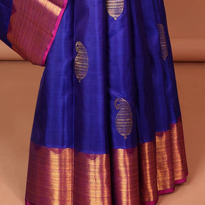 Blue manga buttas silk saree with contrast traditional zari border & intricate  zari design pallu