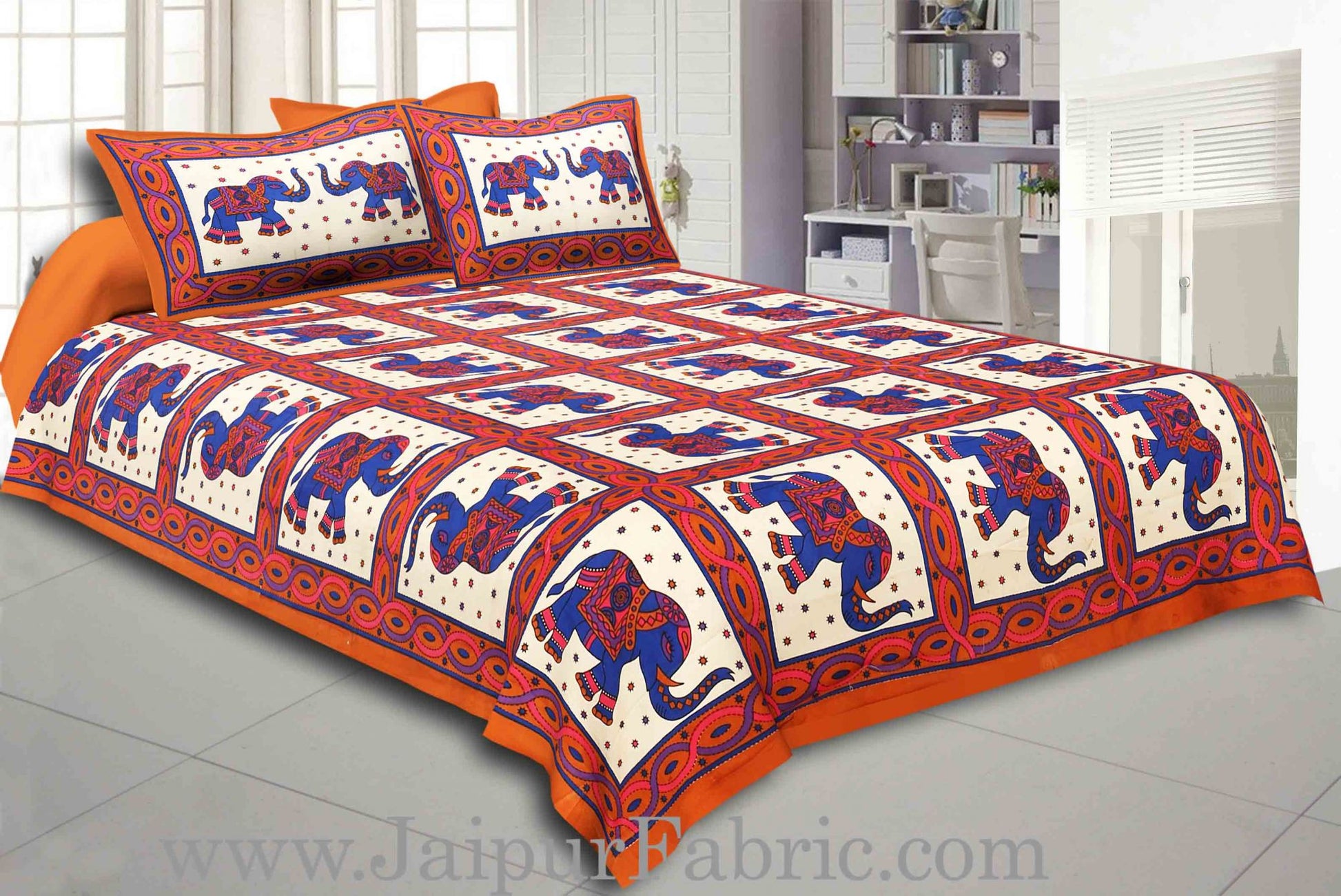 Brown Border Elephant Design Pure Cotton Double Bedsheet With Pillow Cover