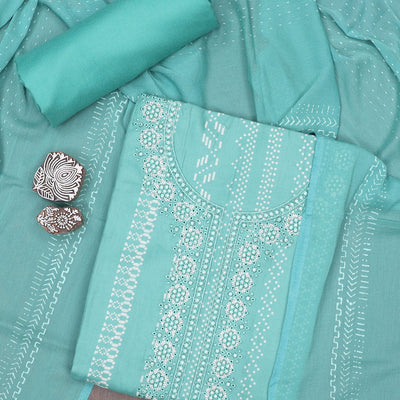 Green material chudidhar, geometric print & embroidery top,plain bottom & dupatta of chevron,strip & greek key designs