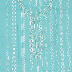 Green material chudidhar, geometric print & embroidery top,plain bottom & dupatta of chevron,strip & greek key designs