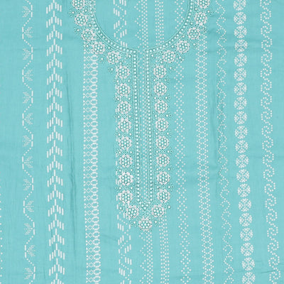 Green material chudidhar, geometric print & embroidery top,plain bottom & dupatta of chevron,strip & greek key designs