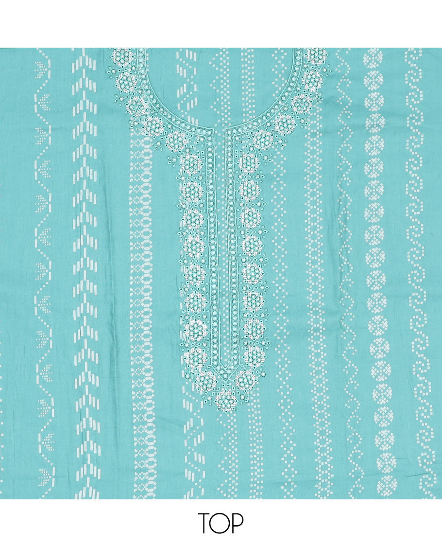 Green material chudidhar, geometric print & embroidery top,plain bottom & dupatta of chevron,strip & greek key designs