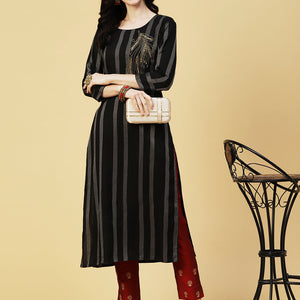 Woven Stripes & Ethnic Hand Embroidered Straight Fit Kurta - Black