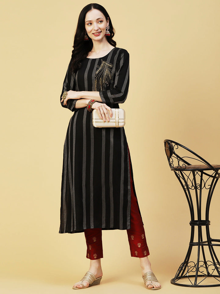 Woven Stripes & Ethnic Hand Embroidered Straight Fit Kurta - Black