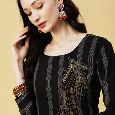 Woven Stripes & Ethnic Hand Embroidered Straight Fit Kurta - Black