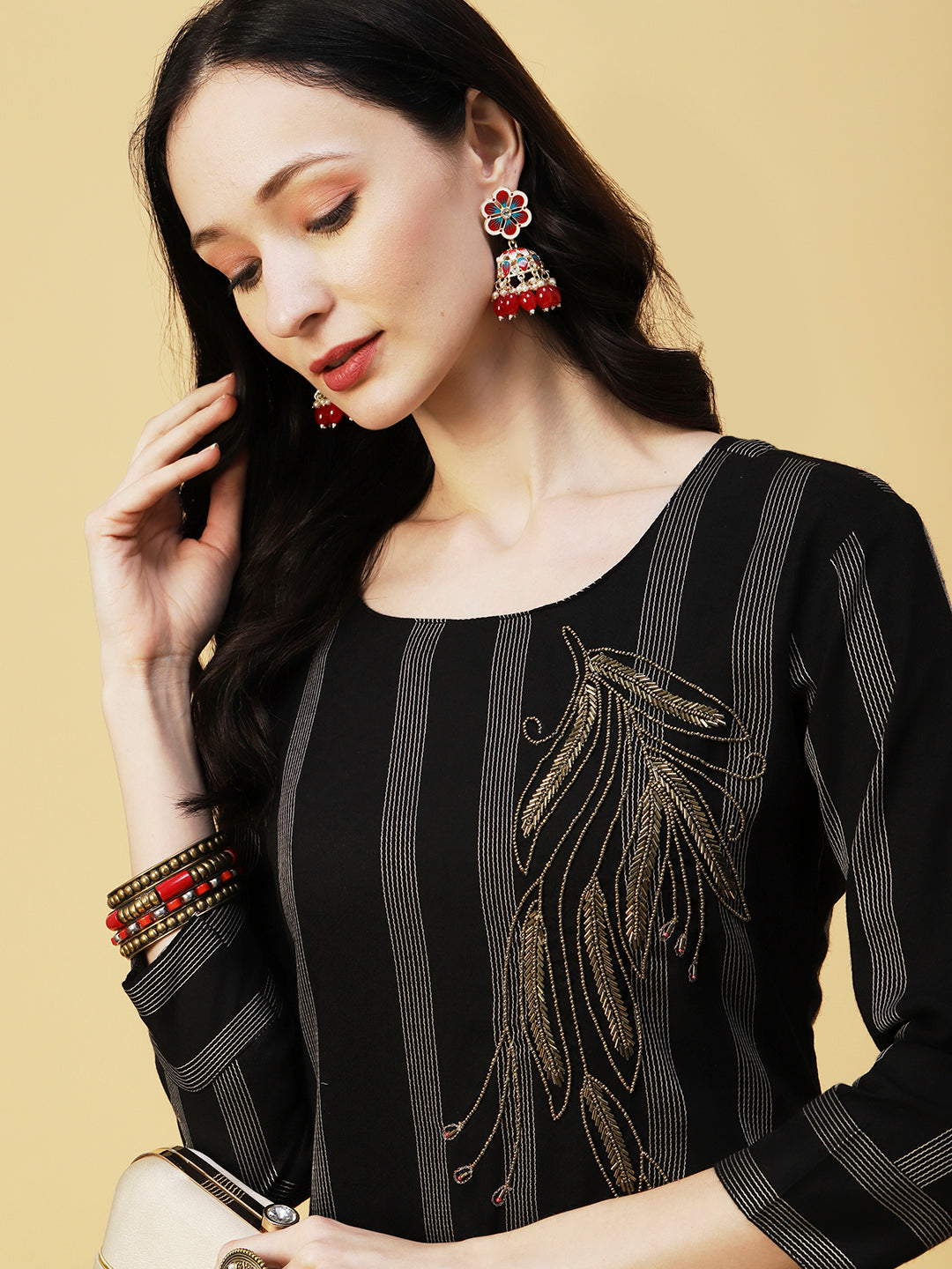 Woven Stripes & Ethnic Hand Embroidered Straight Fit Kurta - Black