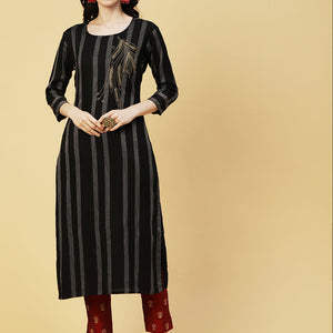 Woven Stripes & Ethnic Hand Embroidered Straight Fit Kurta - Black