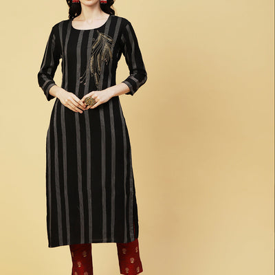 Woven Stripes & Ethnic Hand Embroidered Straight Fit Kurta - Black