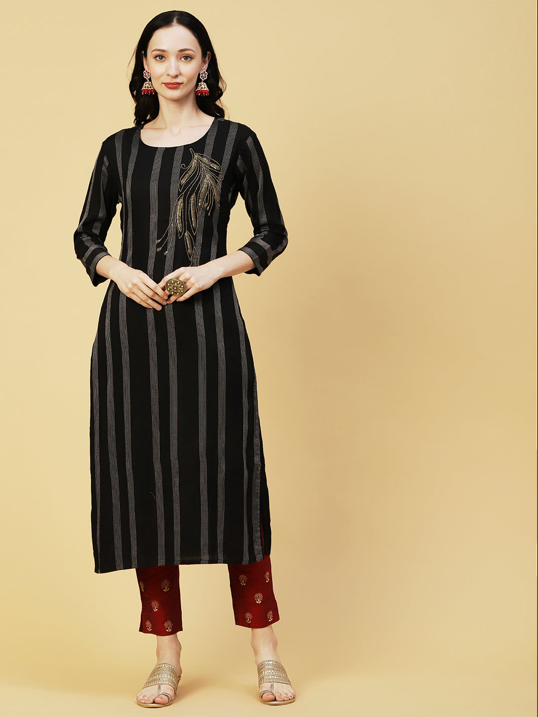 Woven Stripes & Ethnic Hand Embroidered Straight Fit Kurta - Black