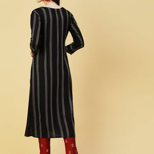 Woven Stripes & Ethnic Hand Embroidered Straight Fit Kurta - Black