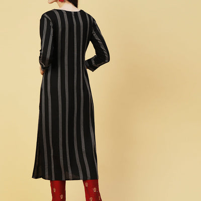 Woven Stripes & Ethnic Hand Embroidered Straight Fit Kurta - Black