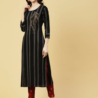 Woven Stripes & Ethnic Hand Embroidered Straight Fit Kurta - Black