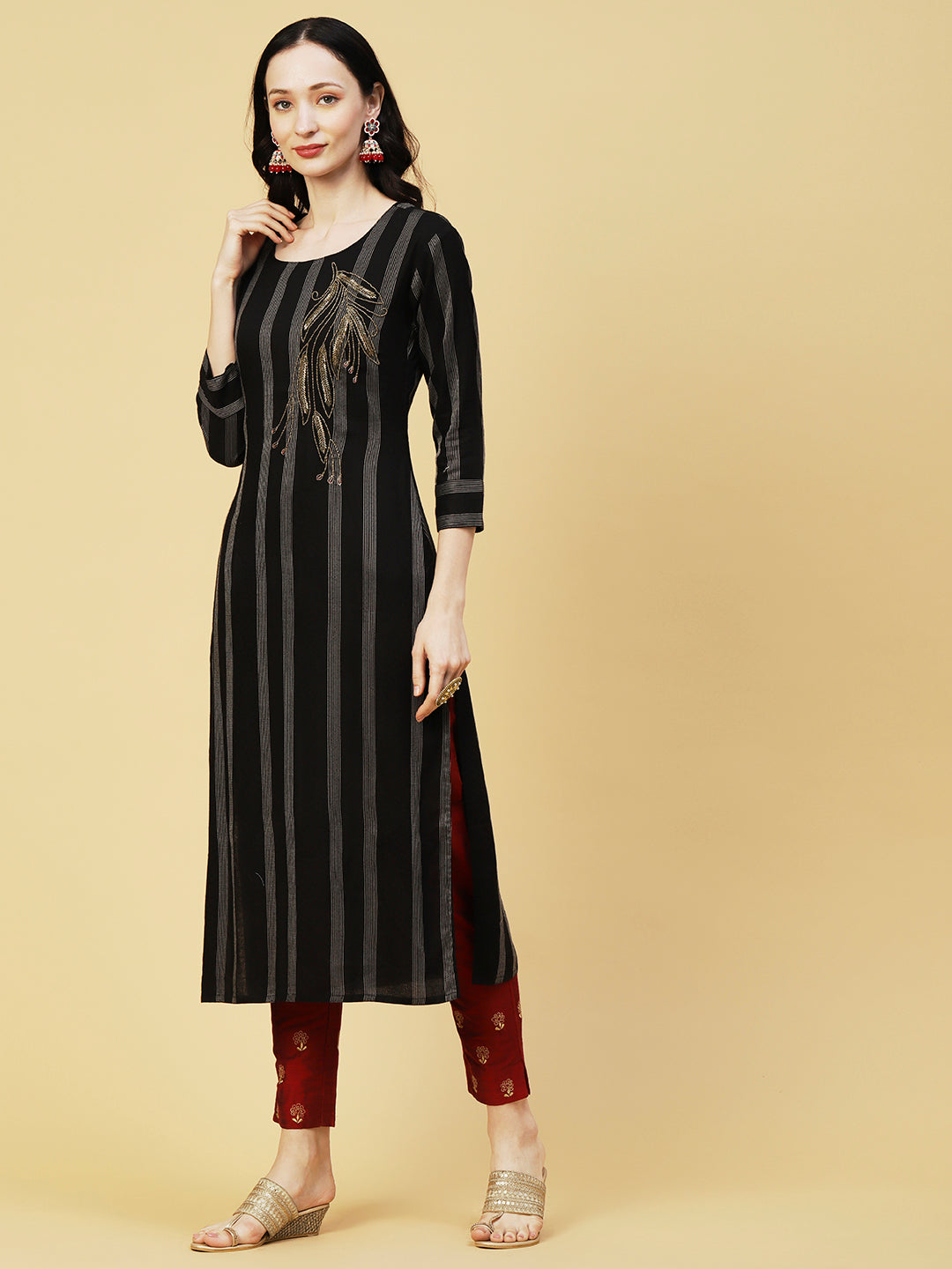 Woven Stripes & Ethnic Hand Embroidered Straight Fit Kurta - Black