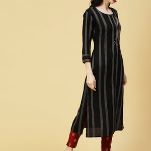 Woven Stripes & Ethnic Hand Embroidered Straight Fit Kurta - Black