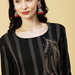 Woven Stripes & Ethnic Hand Embroidered Straight Fit Kurta - Black