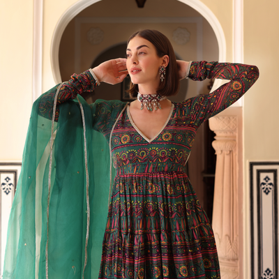 Dune Green Printed Chinon Suit Set