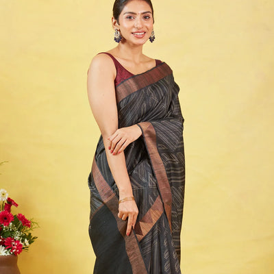 Black Handloom Tussar Silk Saree With Printed Stripes Motifs