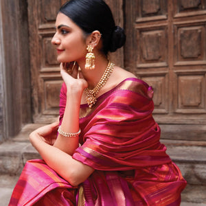 Pink & Orange Handloom Kanchipuram Silk Saree With Stripes