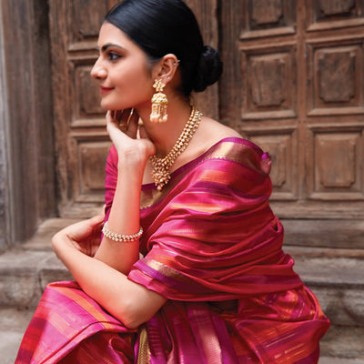 Pink & Orange Handloom Kanchipuram Silk Saree With Stripes
