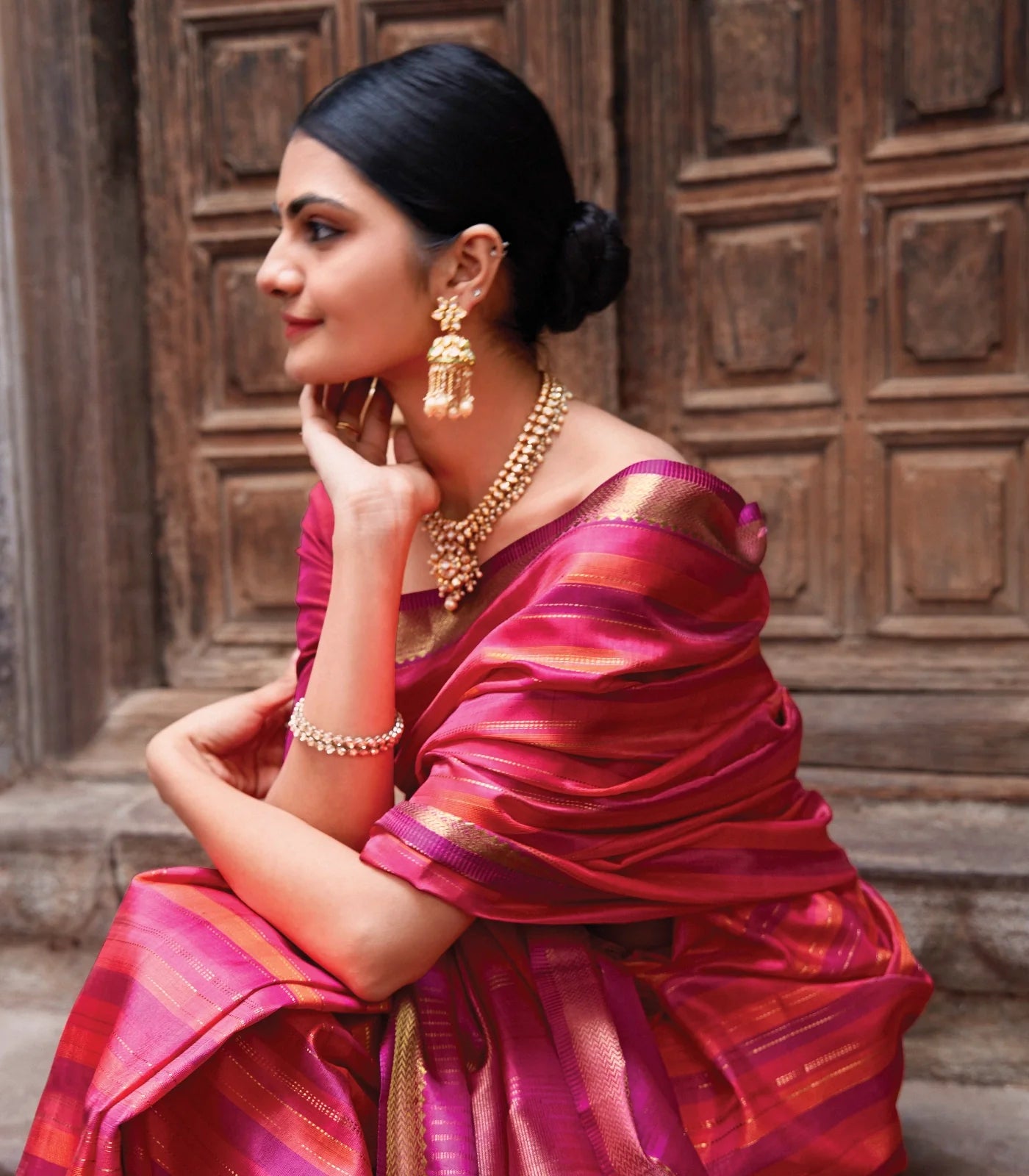 Pink & Orange Handloom Kanchipuram Silk Saree With Stripes