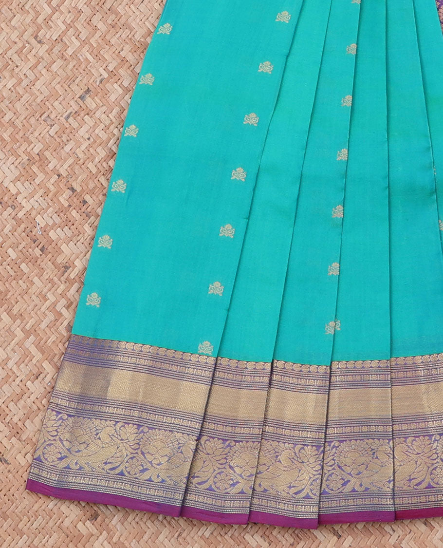 Blue vasundhara silk mix saree with buttas, contrast jaal pallu & traditional design zari border
