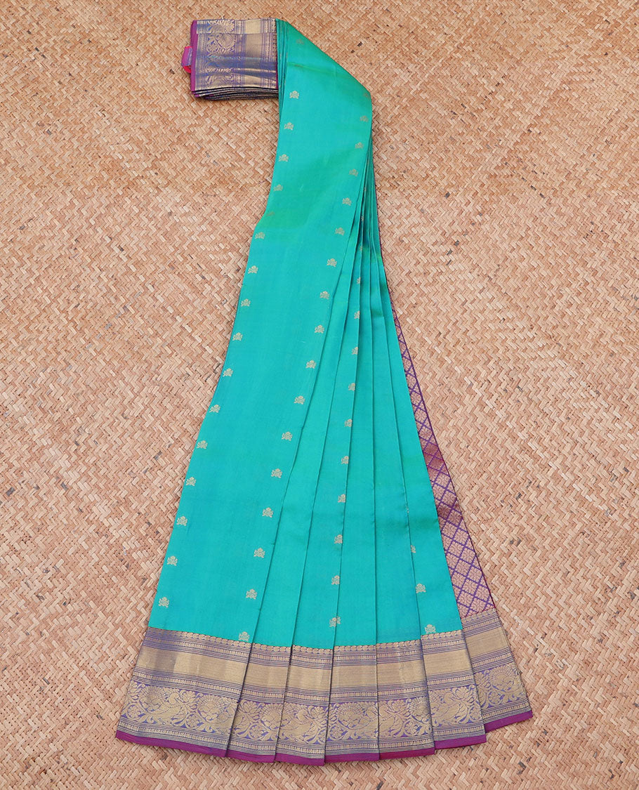 Blue vasundhara silk mix saree with buttas, contrast jaal pallu & traditional design zari border