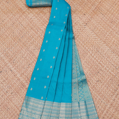 Blue vasundhara silk mix saree with zari buttas, intricate pallu & traditional design border