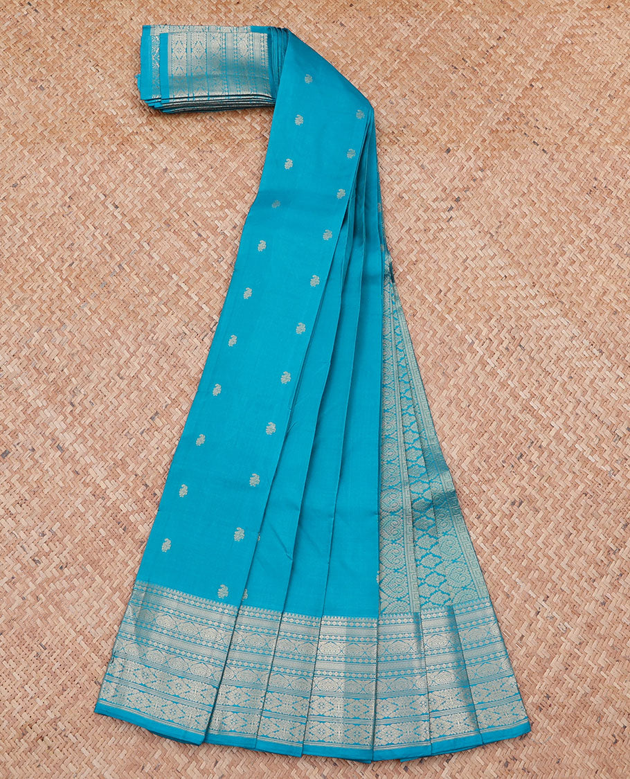 Blue vasundhara silk mix saree with zari buttas, intricate pallu & traditional design border