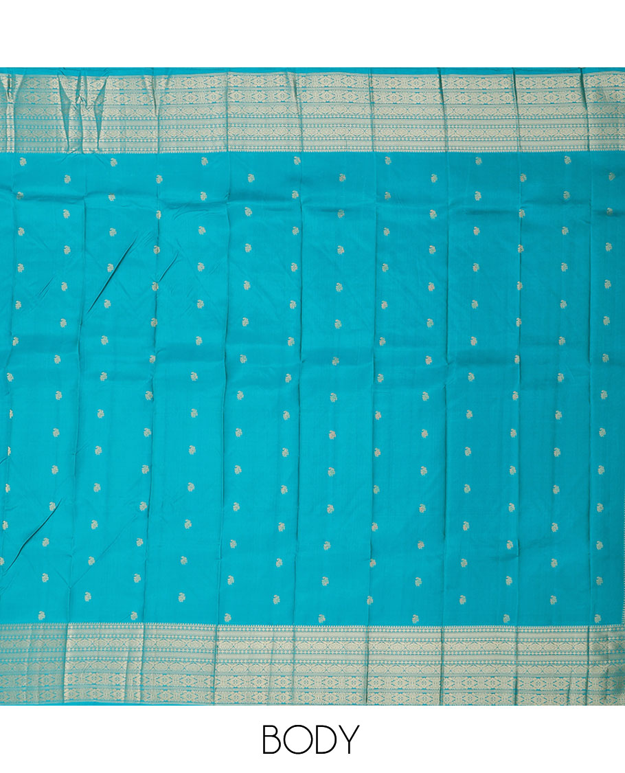 Blue vasundhara silk mix saree with zari buttas, intricate pallu & traditional design border