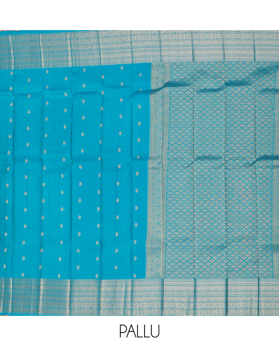 Blue vasundhara silk mix saree with zari buttas, intricate pallu & traditional design border