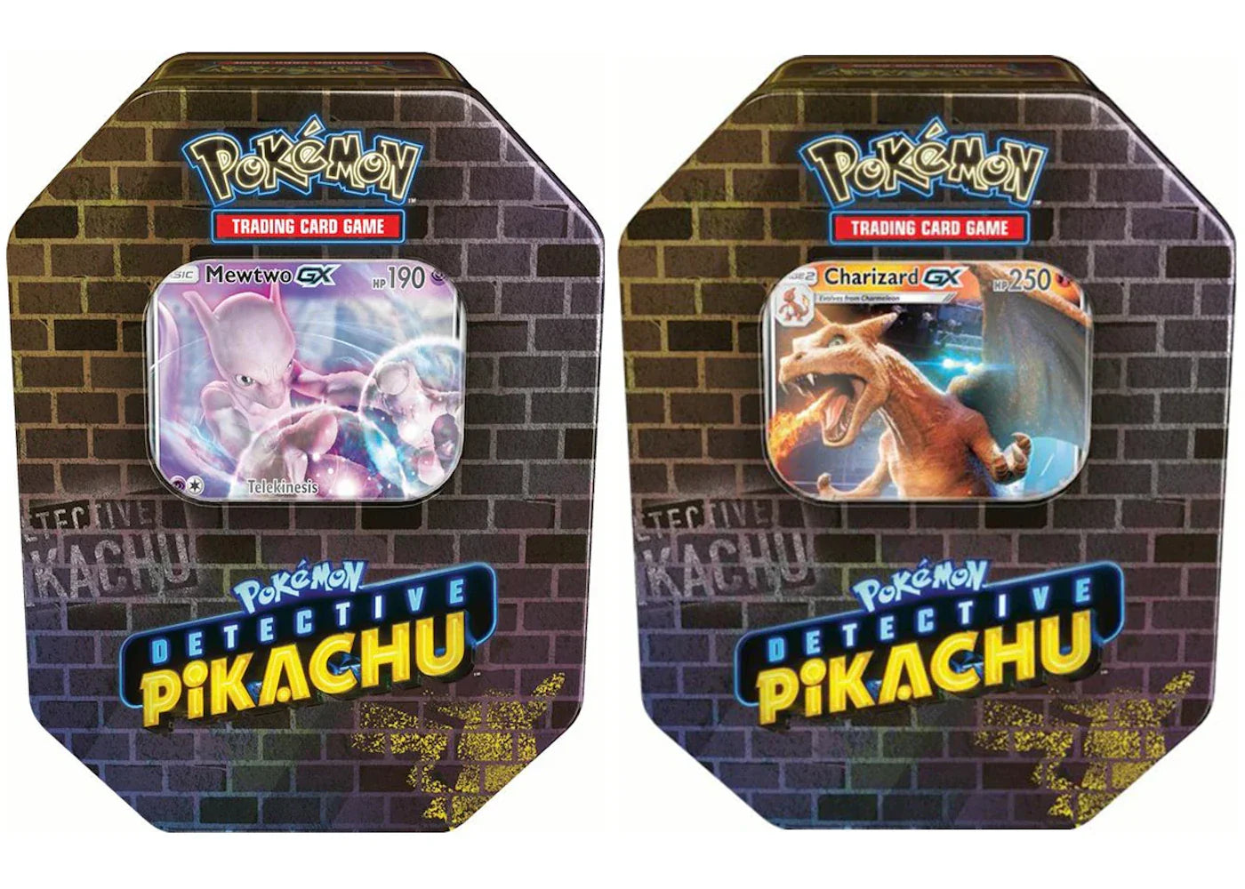 2019 Pokemon TCG Detective Pikachu Tin Charizard GX/Mewtwo GX Lot