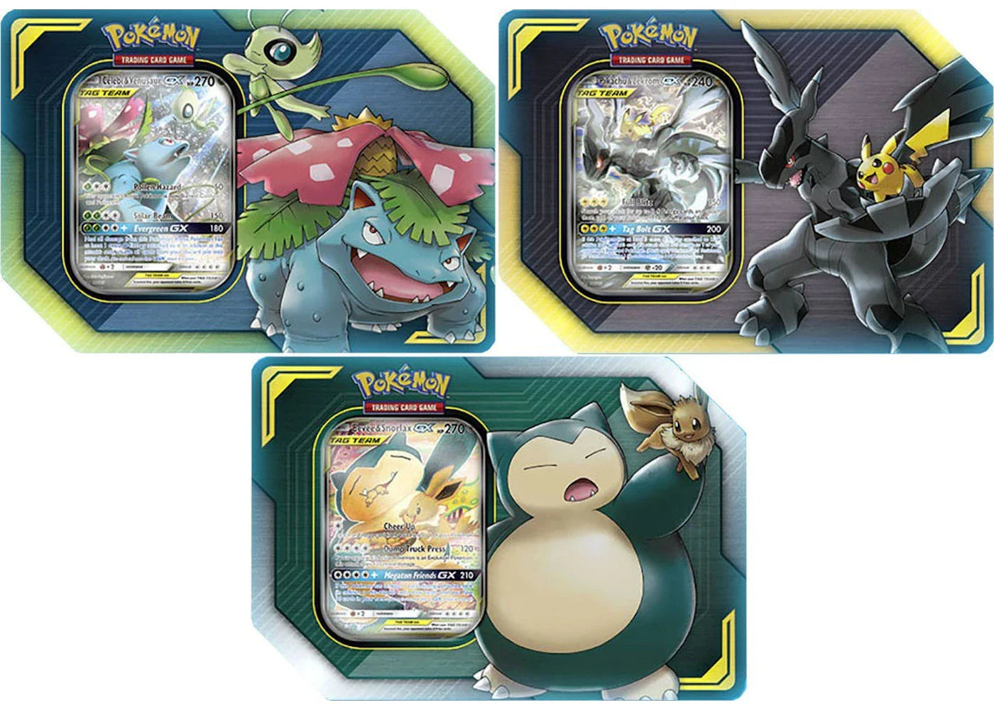2019 Pokemon TCG TAG TEAM Tins Pikachu & Zekrom GX/Eevee & Snorlax GX/Celebi & Venusaur GX Lot