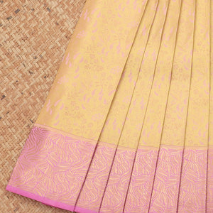 Yellow jacquard kancheepuram wedding silksaree, contrast zari border & pallu of jaal designs