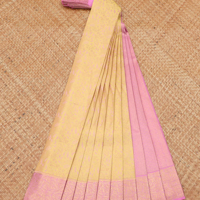 Yellow jacquard kancheepuram wedding silksaree, contrast zari border & pallu of jaal designs