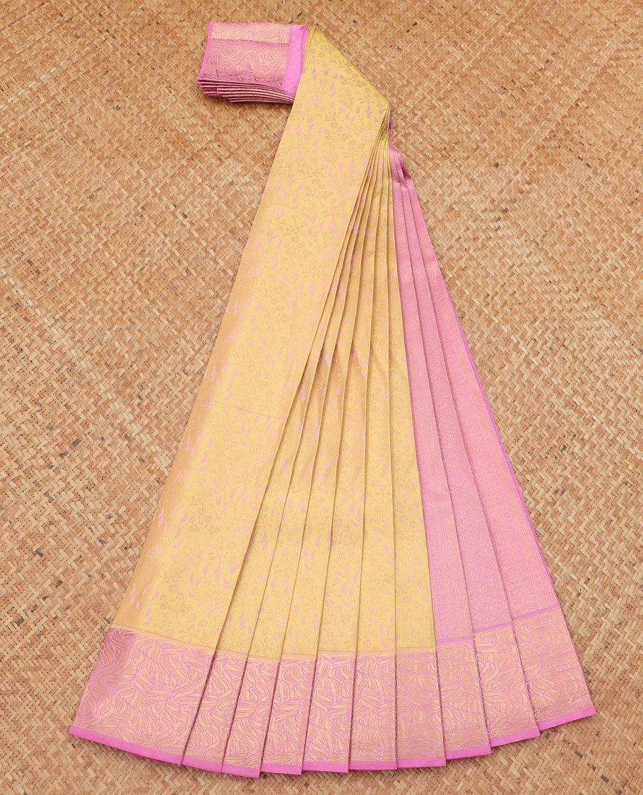Yellow jacquard kancheepuram wedding silksaree, contrast zari border & pallu of jaal designs