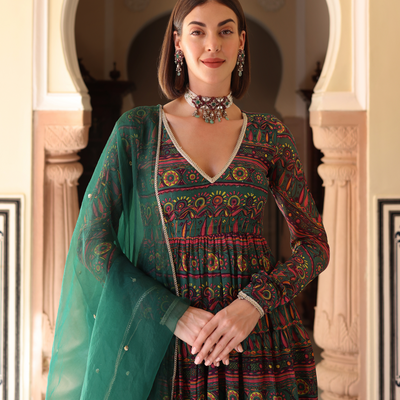 Dune Green Printed Chinon Suit Set