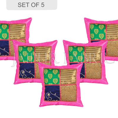 Multi Color Patch Work Gold Print with Pink Base Cushion Cover