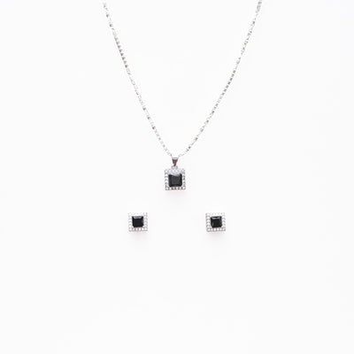 Silver set Chain square pendant and earrings with black stones for women