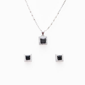 Silver set Chain square pendant and earrings with black stones for women