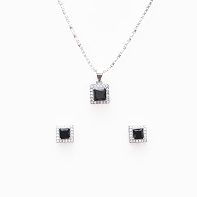 Silver set Chain square pendant and earrings with black stones for women