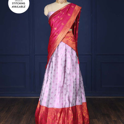 Grey jacquard art silk half saree, contrast intricate design border, jacquard blouse & dhavani of zari designs