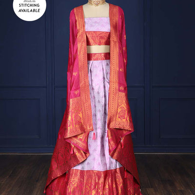 Grey jacquard art silk half saree, contrast intricate design border, jacquard blouse & dhavani of zari designs