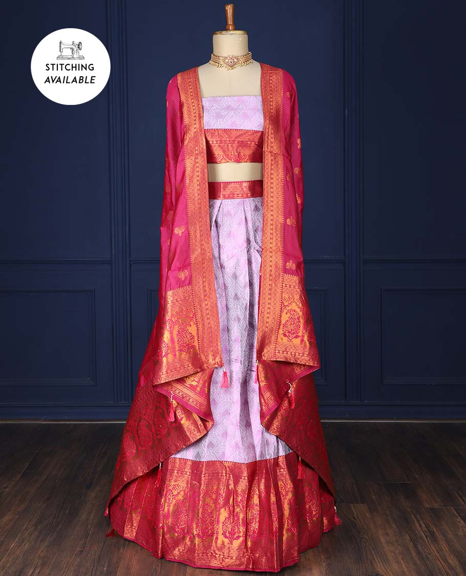 Grey jacquard art silk half saree, contrast intricate design border, jacquard blouse & dhavani of zari designs