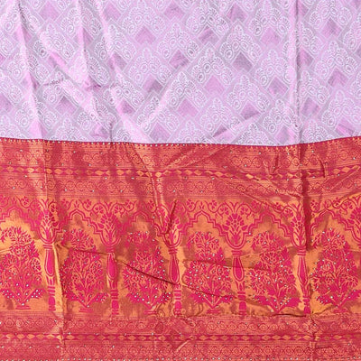 Grey jacquard art silk half saree, contrast intricate design border, jacquard blouse & dhavani of zari designs