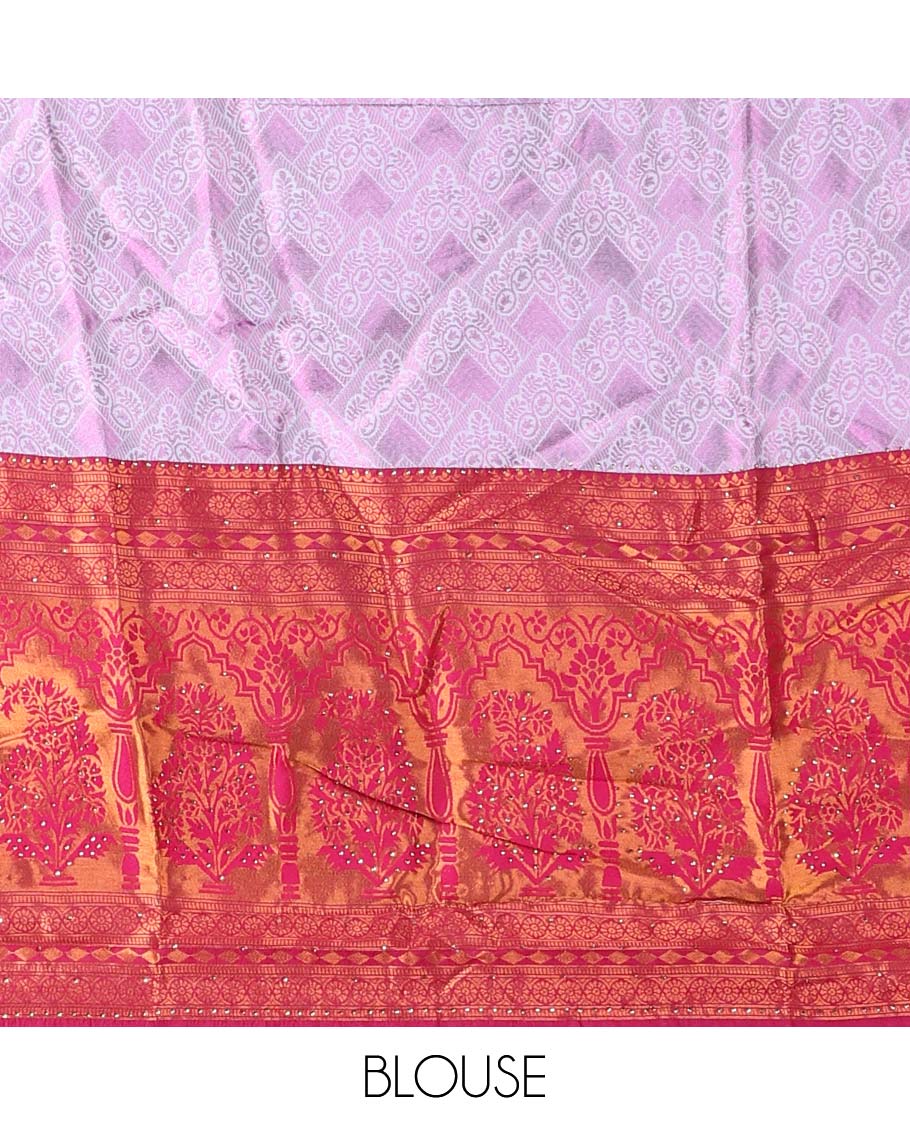 Grey jacquard art silk half saree, contrast intricate design border, jacquard blouse & dhavani of zari designs