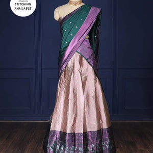 Pale brown jacquard artsilk halfsaree,contrast traditional design border, jacquard blouse & dhavani of intricate designs