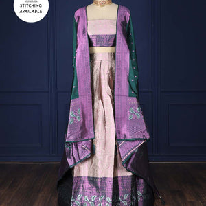 Pale brown jacquard artsilk halfsaree,contrast traditional design border, jacquard blouse & dhavani of intricate designs