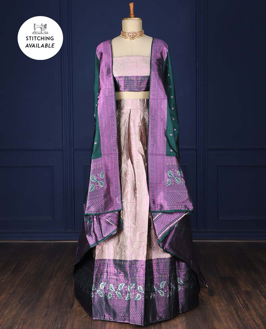 Pale brown jacquard artsilk halfsaree,contrast traditional design border, jacquard blouse & dhavani of intricate designs