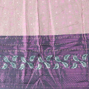 Pale brown jacquard artsilk halfsaree,contrast traditional design border, jacquard blouse & dhavani of intricate designs