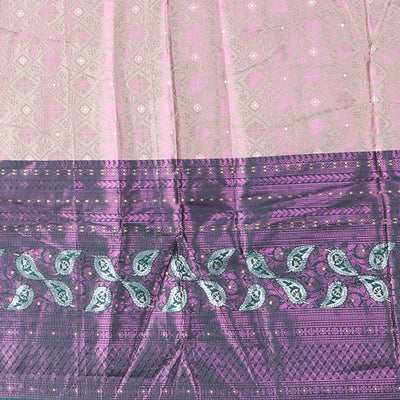 Pale brown jacquard artsilk halfsaree,contrast traditional design border, jacquard blouse & dhavani of intricate designs